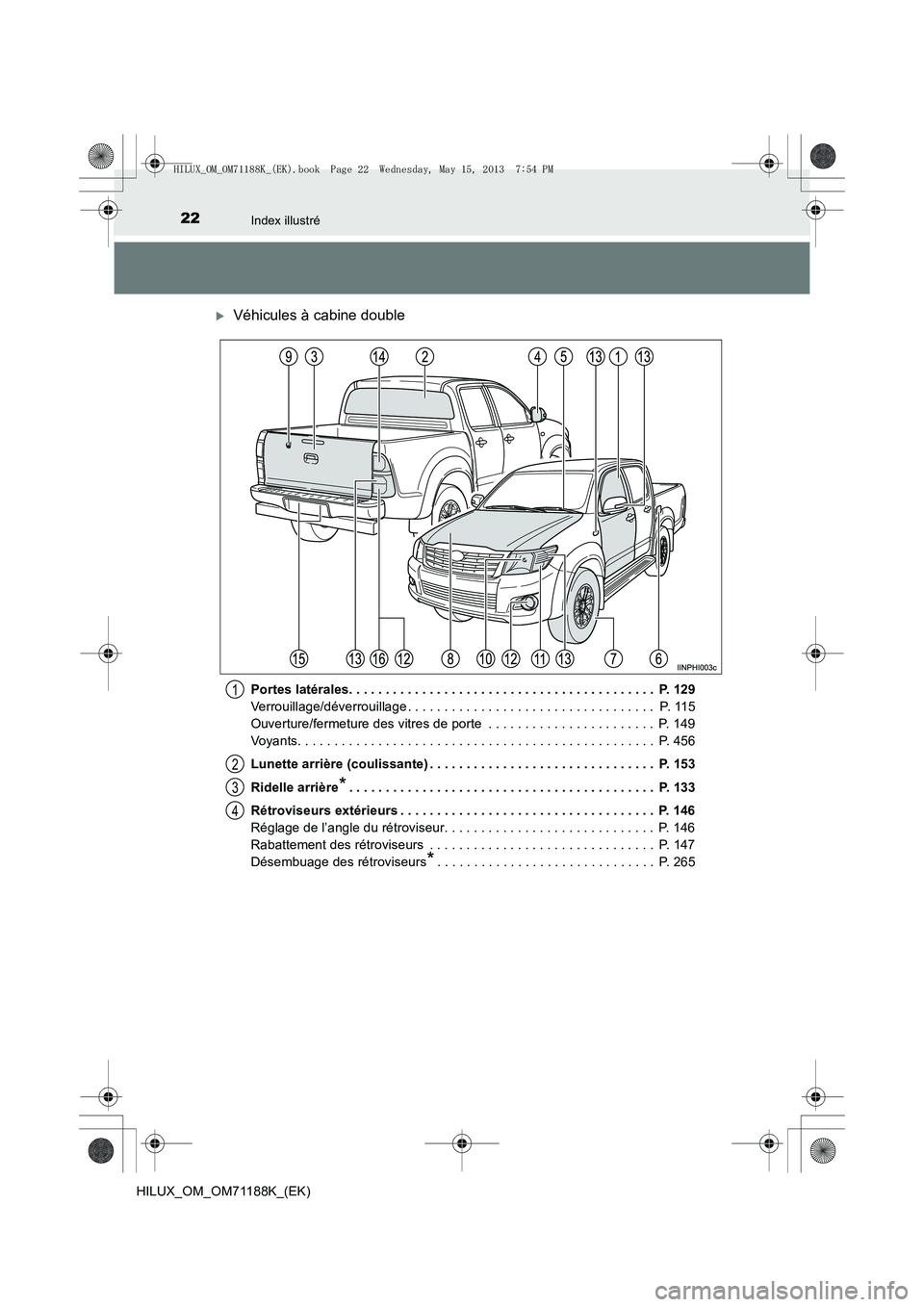 TOYOTA HILUX 2014  Notices Demploi (in French) 22Index illustré
HILUX_OM_OM71188K_(EK)
�XVéhicules à cabine double
Portes latérales. . . . . . . . . . . . . . . . . . . . . . . . . . . . . . . . . . . . . . . . . .  P. 129
Verrouillage/déverr