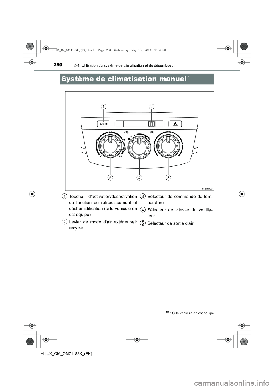 TOYOTA HILUX 2014 Notices Demploi (in French) 2505-1. Utilisation du système de climatisation et du désembueur
HILUX_OM_OM71188K_(EK)
Système de climatisation manuel∗
∗ : Si le véhicule en est équipé
Touche d’activation/désactivation TOYOTA HILUX 2014 Notices Demploi (in French) 2505-1. Utilisation du système de climatisation et du désembueur
HILUX_OM_OM71188K_(EK)
Système de climatisation manuel∗
∗ : Si le véhicule en est équipé
Touche d’activation/désactivation