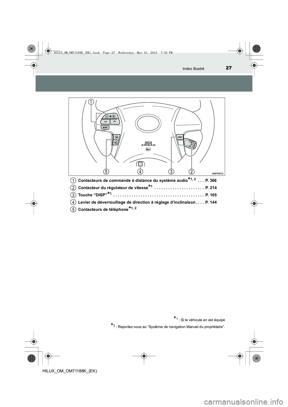 TOYOTA HILUX 2014  Notices Demploi (in French) 27Index illustré
HILUX_OM_OM71188K_(EK)Contacteurs de commande à distance du système audio
*1, 2 . . .  P. 366
Contacteur du régulateur de vitesse
*1 . . . . . . . . . . . . . . . . . . . . . .  P