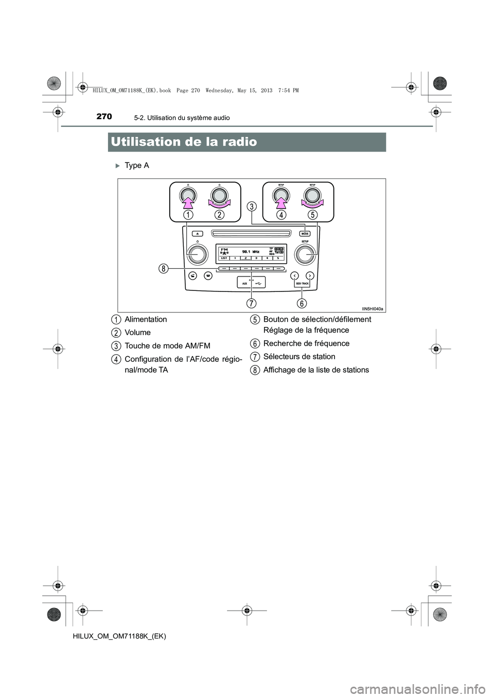 TOYOTA HILUX 2014  Notices Demploi (in French) 2705-2. Utilisation du système audio
HILUX_OM_OM71188K_(EK)
Utilisation de la radio
�XType A
Alimentation
Volume
Touche de mode AM/FM
Configuration de l’AF/code régio-
nal/mode TABouton de sélect