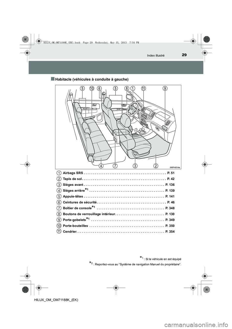 TOYOTA HILUX 2014  Notices Demploi (in French) 29Index illustré
HILUX_OM_OM71188K_(EK)
■Habitacle (véhicules à conduite à gauche)
Airbags SRS . . . . . . . . . . . . . . . . . . . . . . . . . . . . . . . . . . . . . . . . . . . . .  P. 51
Ta