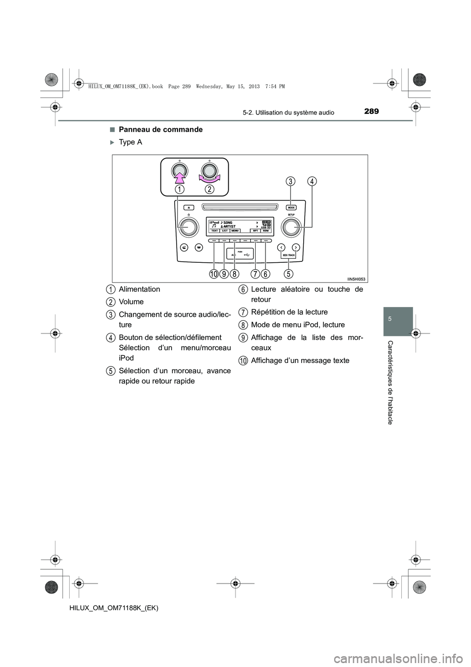 TOYOTA HILUX 2014  Notices Demploi (in French) 2895-2. Utilisation du système audio
5
Caractéristiques de l’habitacle
HILUX_OM_OM71188K_(EK)■
Panneau de commande
�XType A
Alimentation
Volume
Changement de source audio/lec-
ture
Bouton de sé