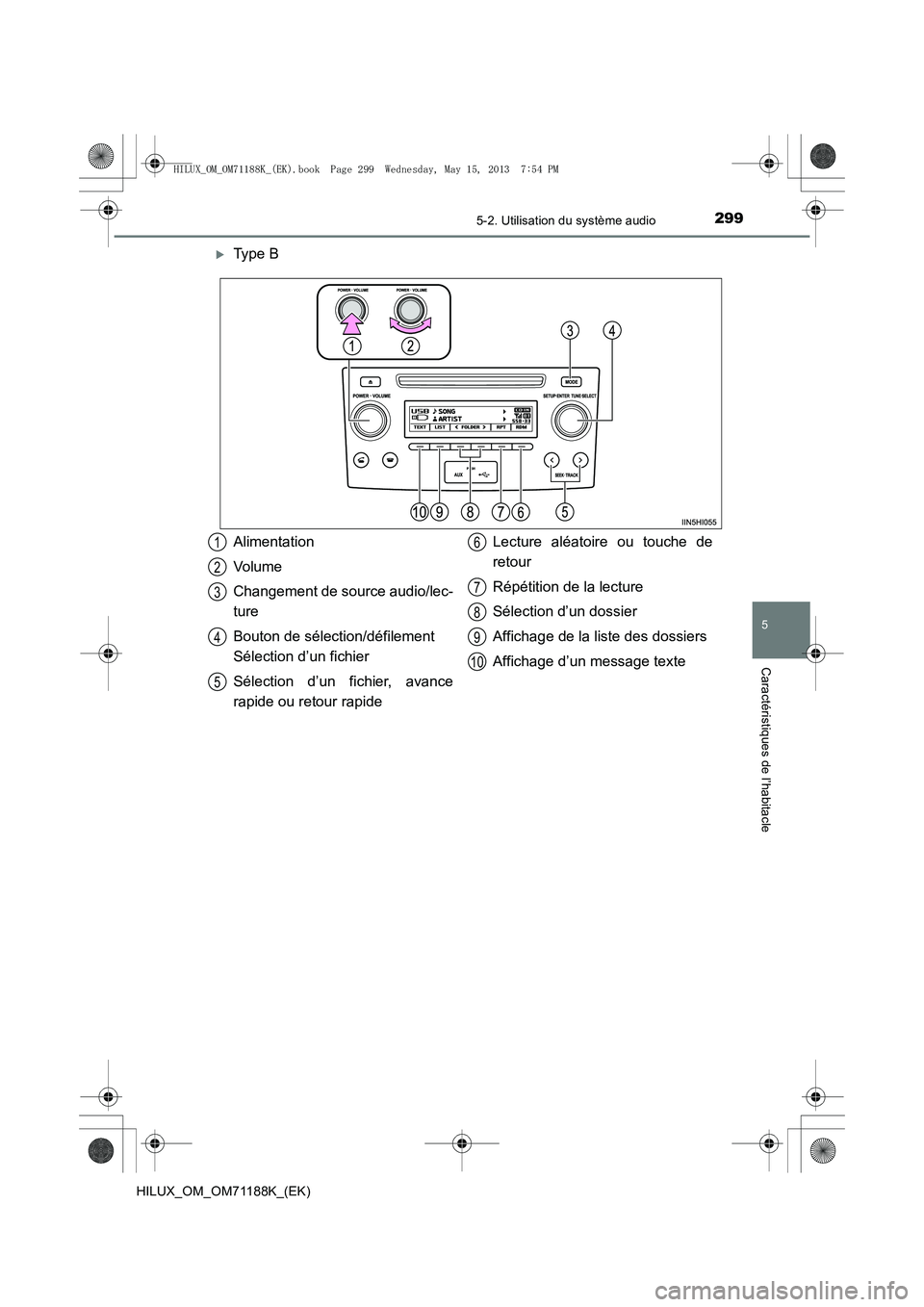TOYOTA HILUX 2014  Notices Demploi (in French) 2995-2. Utilisation du système audio
5
Caractéristiques de l’habitacle
HILUX_OM_OM71188K_(EK)
�XType B
Alimentation
Volume
Changement de source audio/lec-
ture
Bouton de sélection/défilement 
S