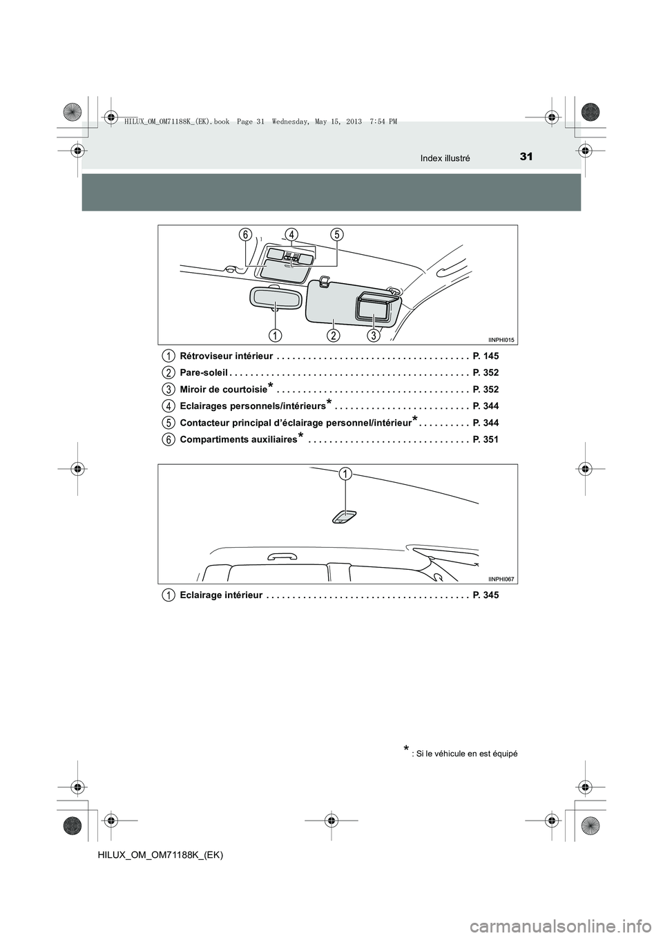 TOYOTA HILUX 2014 Notices Demploi (in French) 31Index illustré
HILUX_OM_OM71188K_(EK)Rétroviseur intérieur . . . . . . . . . . . . . . . . . . . . . . . . . . . . . . . . . . . . . P. 145
Pare-soleil . . . . . . . . . . . . . . . . . . . . . TOYOTA HILUX 2014 Notices Demploi (in French) 31Index illustré
HILUX_OM_OM71188K_(EK)Rétroviseur intérieur . . . . . . . . . . . . . . . . . . . . . . . . . . . . . . . . . . . . . P. 145
Pare-soleil . . . . . . . . . . . . . . . . . . . . .