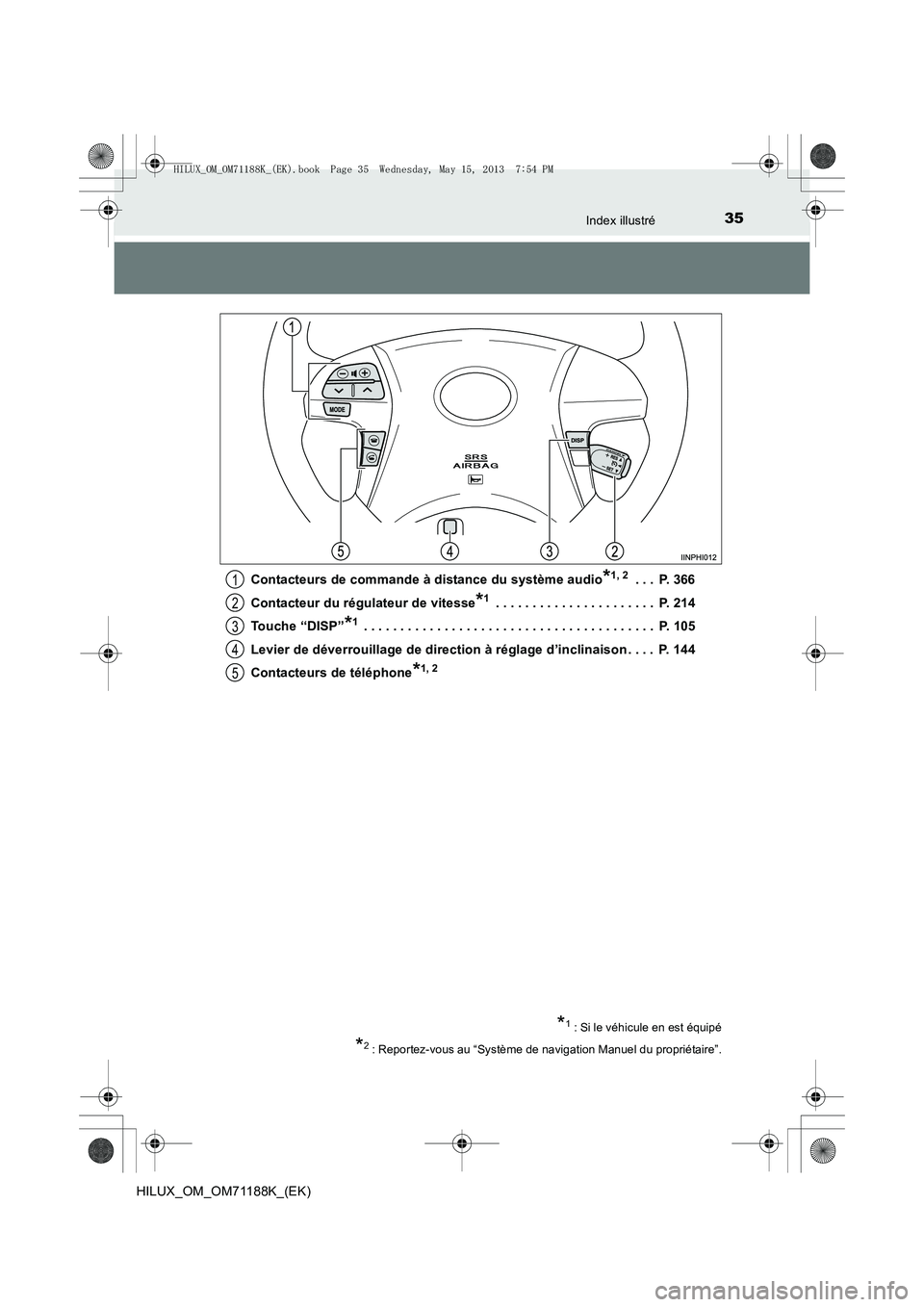 TOYOTA HILUX 2014 Notices Demploi (in French) 35Index illustré
HILUX_OM_OM71188K_(EK)Contacteurs de commande à distance du système audio
*1, 2 . . . P. 366
Contacteur du régulateur de vitesse
*1 . . . . . . . . . . . . . . . . . . . . . . P TOYOTA HILUX 2014 Notices Demploi (in French) 35Index illustré
HILUX_OM_OM71188K_(EK)Contacteurs de commande à distance du système audio
*1, 2 . . . P. 366
Contacteur du régulateur de vitesse
*1 . . . . . . . . . . . . . . . . . . . . . . P
