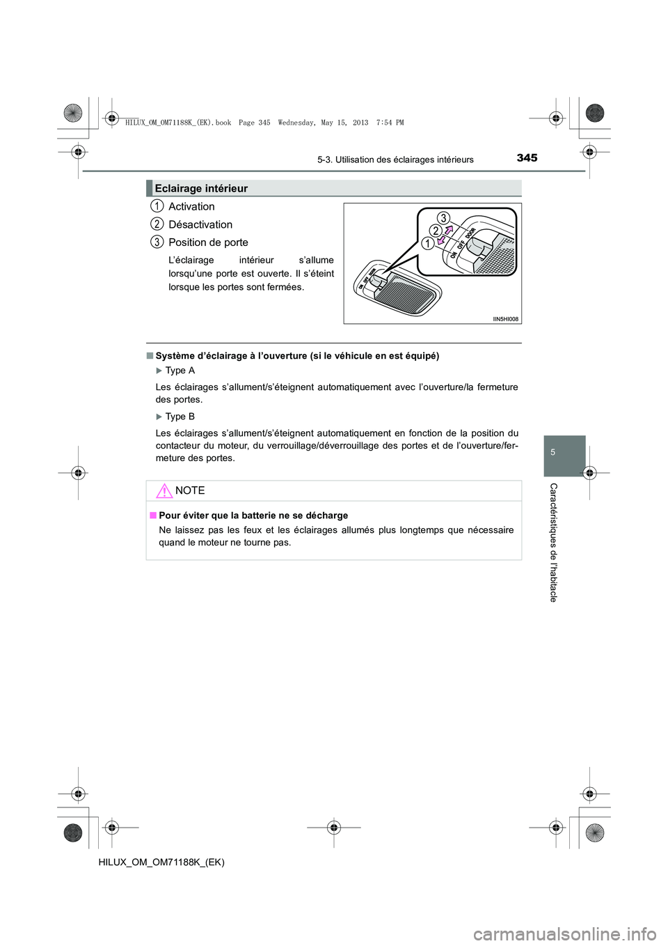 TOYOTA HILUX 2014 Notices Demploi (in French) 3455-3. Utilisation des éclairages intérieurs
5
Caractéristiques de l’habitacle
HILUX_OM_OM71188K_(EK)
Activation
Désactivation
Position de porte
L’éclairage intérieur s’allume
lorsqu’un TOYOTA HILUX 2014 Notices Demploi (in French) 3455-3. Utilisation des éclairages intérieurs
5
Caractéristiques de l’habitacle
HILUX_OM_OM71188K_(EK)
Activation
Désactivation
Position de porte
L’éclairage intérieur s’allume
lorsqu’un