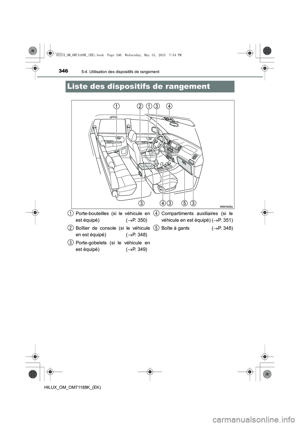 TOYOTA HILUX 2014 Notices Demploi (in French) 3465-4. Utilisation des dispositifs de rangement
HILUX_OM_OM71188K_(EK)
Liste des dispositifs de rangement
Porte-bouteilles (si le véhicule en
est équipé) (→P. 350)
Boîtier de console (si le vé TOYOTA HILUX 2014 Notices Demploi (in French) 3465-4. Utilisation des dispositifs de rangement
HILUX_OM_OM71188K_(EK)
Liste des dispositifs de rangement
Porte-bouteilles (si le véhicule en
est équipé) (→P. 350)
Boîtier de console (si le vé