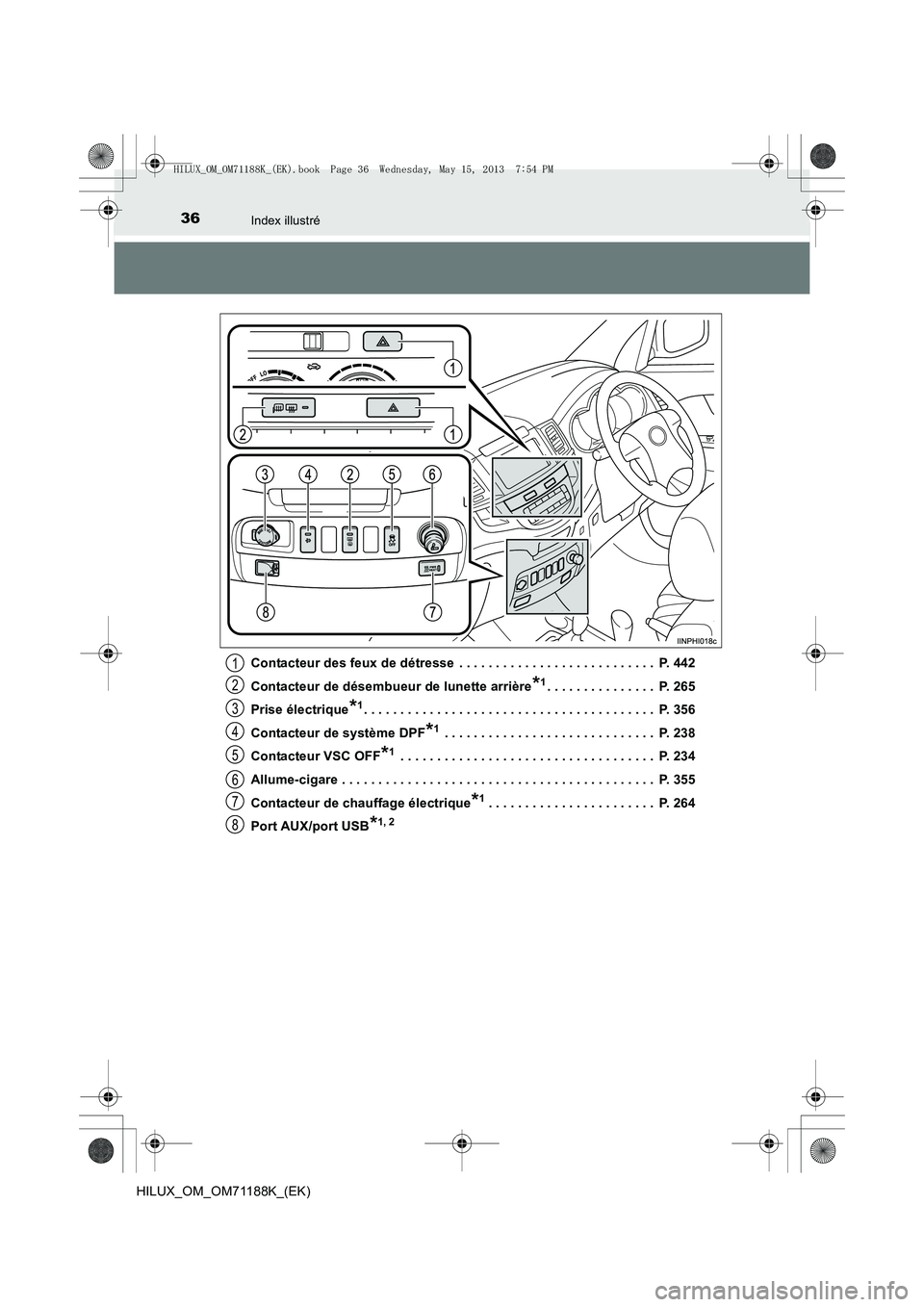 TOYOTA HILUX 2014 Notices Demploi (in French) 36Index illustré
HILUX_OM_OM71188K_(EK)Contacteur des feux de détresse . . . . . . . . . . . . . . . . . . . . . . . . . . . P. 442
Contacteur de désembueur de lunette arrière
*1. . . . . . . . TOYOTA HILUX 2014 Notices Demploi (in French) 36Index illustré
HILUX_OM_OM71188K_(EK)Contacteur des feux de détresse . . . . . . . . . . . . . . . . . . . . . . . . . . . P. 442
Contacteur de désembueur de lunette arrière
*1. . . . . . . .