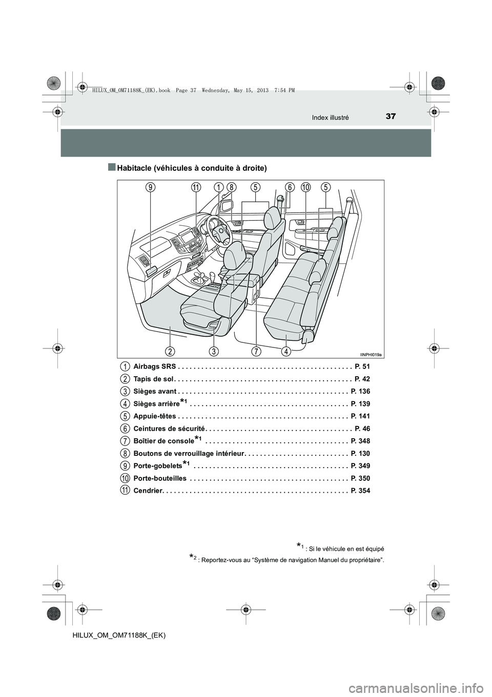 TOYOTA HILUX 2014 Notices Demploi (in French) 37Index illustré
HILUX_OM_OM71188K_(EK)
■Habitacle (véhicules à conduite à droite)
Airbags SRS . . . . . . . . . . . . . . . . . . . . . . . . . . . . . . . . . . . . . . . . . . . . . P. 51
Ta TOYOTA HILUX 2014 Notices Demploi (in French) 37Index illustré
HILUX_OM_OM71188K_(EK)
■Habitacle (véhicules à conduite à droite)
Airbags SRS . . . . . . . . . . . . . . . . . . . . . . . . . . . . . . . . . . . . . . . . . . . . . P. 51
Ta