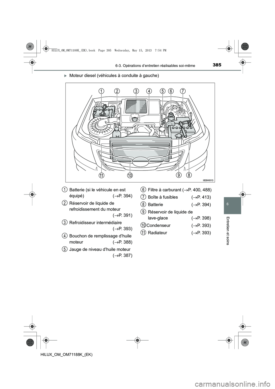 TOYOTA HILUX 2014  Notices Demploi (in French) 3856-3. Opérations d’entretien réalisables soi-même
6
Entretien et soins
HILUX_OM_OM71188K_(EK)
�XMoteur diesel (véhicules à conduite à gauche)
Batterie (si le véhicule en est 
équipé) (→