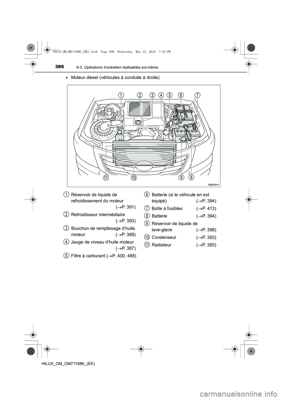 TOYOTA HILUX 2014  Notices Demploi (in French) 3866-3. Opérations d’entretien réalisables soi-même
HILUX_OM_OM71188K_(EK)
�XMoteur diesel (véhicules à conduite à droite)
Réservoir de liquide de 
refroidissement du moteur (→ P. 391)
Refr