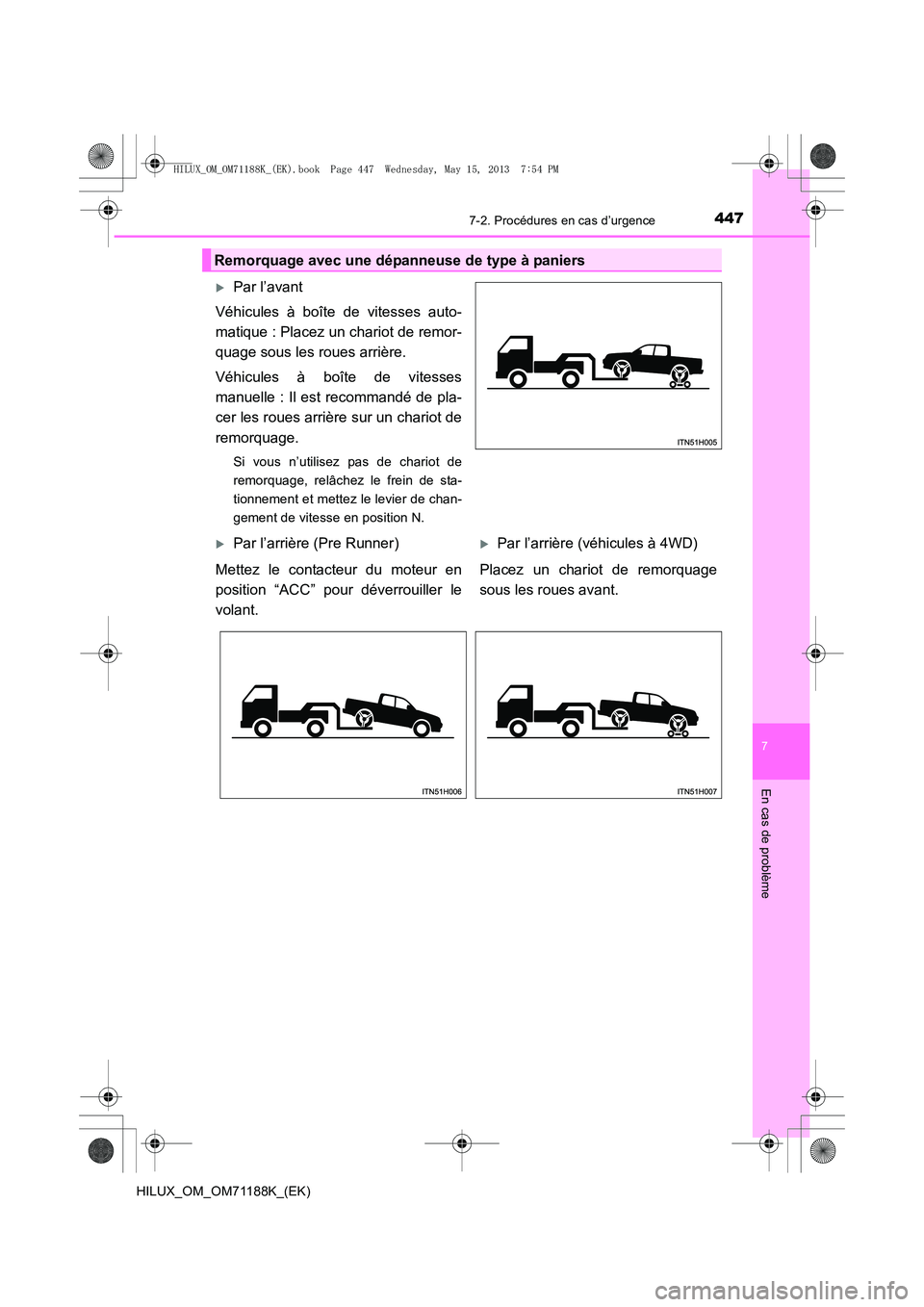 TOYOTA HILUX 2014  Notices Demploi (in French) 4477-2. Procédures en cas d’urgence
7
En cas de problème
HILUX_OM_OM71188K_(EK)
Remorquage avec une dépanneuse de type à paniers
�XPar l’avant
Véhicules à boîte de vitesses auto-
matique : 