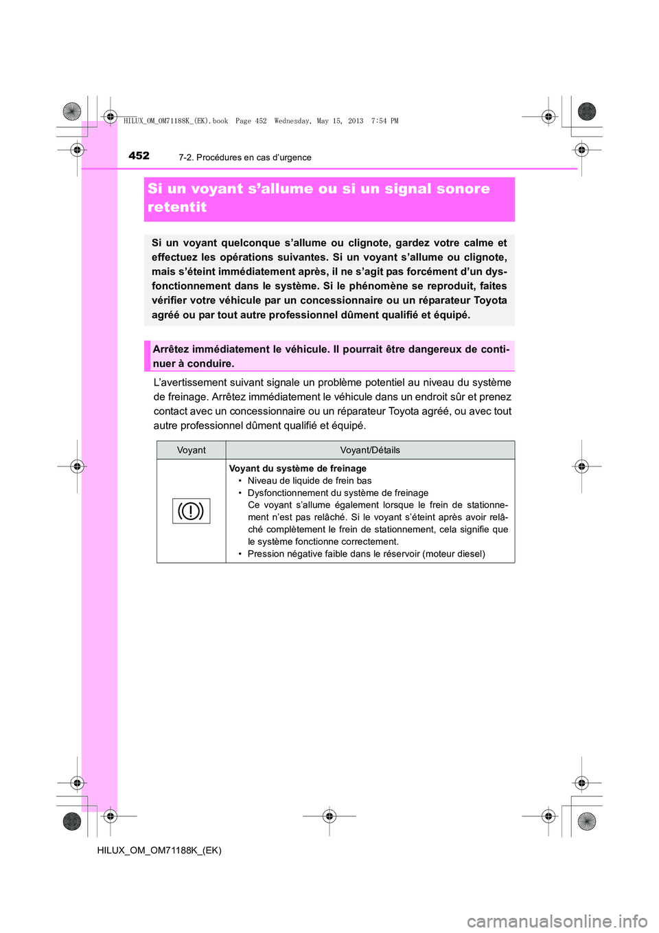 TOYOTA HILUX 2014 Notices Demploi (in French) 4527-2. Procédures en cas d’urgence
HILUX_OM_OM71188K_(EK)
Si un voyant s’allume ou si un signal sonore
retentit
L’avertissement suivant signale un problème potentiel au niveau du système
de TOYOTA HILUX 2014 Notices Demploi (in French) 4527-2. Procédures en cas d’urgence
HILUX_OM_OM71188K_(EK)
Si un voyant s’allume ou si un signal sonore
retentit
L’avertissement suivant signale un problème potentiel au niveau du système
de