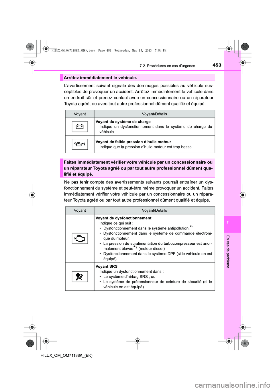 TOYOTA HILUX 2014 Notices Demploi (in French) 4537-2. Procédures en cas d’urgence
7
En cas de problème
HILUX_OM_OM71188K_(EK)
L’avertissement suivant signale des dommages possibles au véhicule sus-
ceptibles de provoquer un accident. Arrê TOYOTA HILUX 2014 Notices Demploi (in French) 4537-2. Procédures en cas d’urgence
7
En cas de problème
HILUX_OM_OM71188K_(EK)
L’avertissement suivant signale des dommages possibles au véhicule sus-
ceptibles de provoquer un accident. Arrê