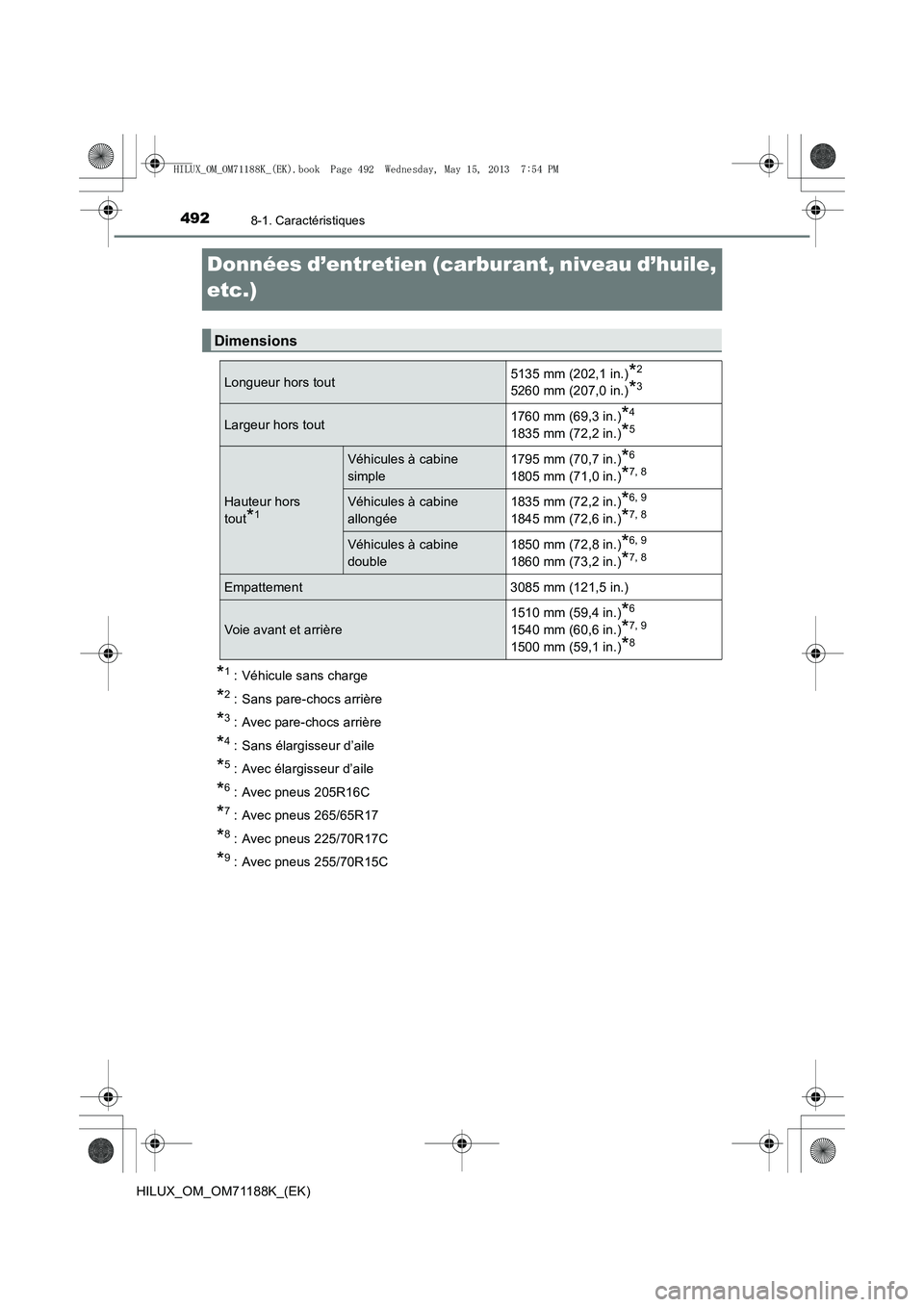 TOYOTA HILUX 2014  Notices Demploi (in French) 4928-1. Caractéristiques
HILUX_OM_OM71188K_(EK)
Données d’entretien (carburant, niveau d’huile, 
etc.)*
1 : Véhicule sans charge
*2 : Sans pare-chocs arrière
*3 : Avec pare-chocs arrière
*4 :