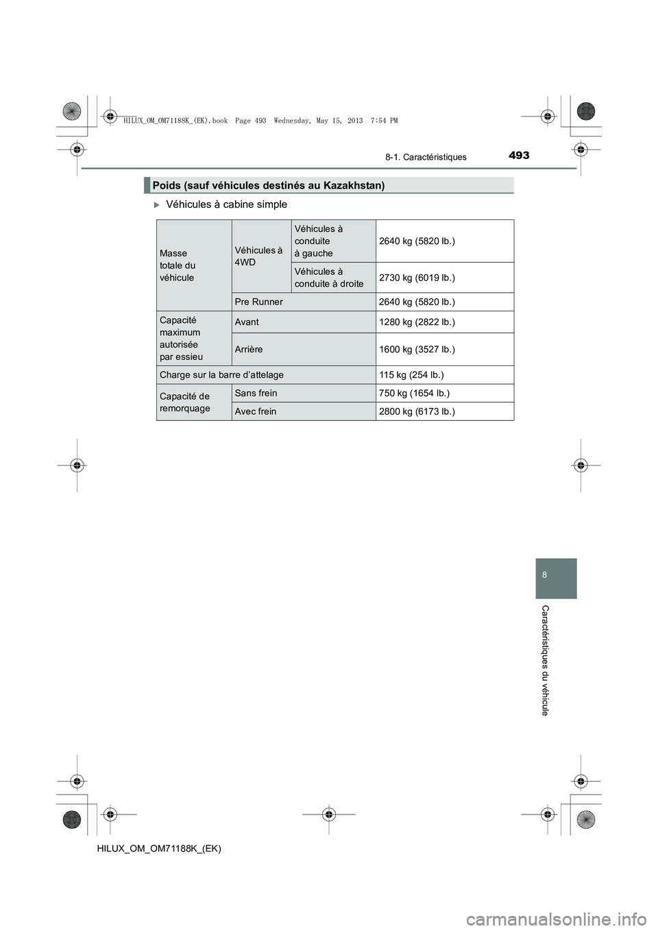 TOYOTA HILUX 2014  Notices Demploi (in French) 493
8
8-1. Caractéristiques
Caractéristiques du véhicule
HILUX_OM_OM71188K_(EK)
�XVéhicules à cabine simple
Poids (sauf véhicules destinés au Kazakhstan)
Masse 
totale du 
véhiculeVéhicules 