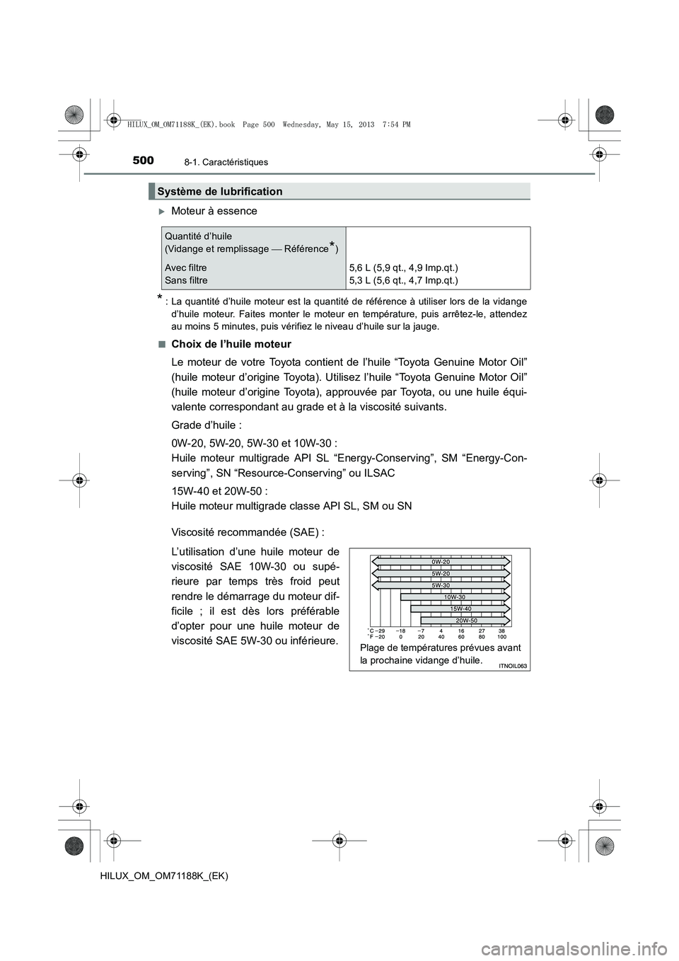 TOYOTA HILUX 2014  Notices Demploi (in French) 5008-1. Caractéristiques
HILUX_OM_OM71188K_(EK)
�XMoteur à essence
* : La quantité d’huile moteur est la quantité de référence à utiliser lors de la vidanged’huile moteur. Faites monter le 