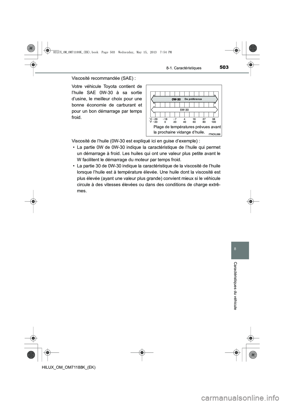 TOYOTA HILUX 2014  Notices Demploi (in French) 503
8
8-1. Caractéristiques
Caractéristiques du véhicule
HILUX_OM_OM71188K_(EK)
Viscosité recommandée (SAE) :
Votre véhicule Toyota contient de
l’huile SAE 0W-30 à sa sortie
d’usine, le mei