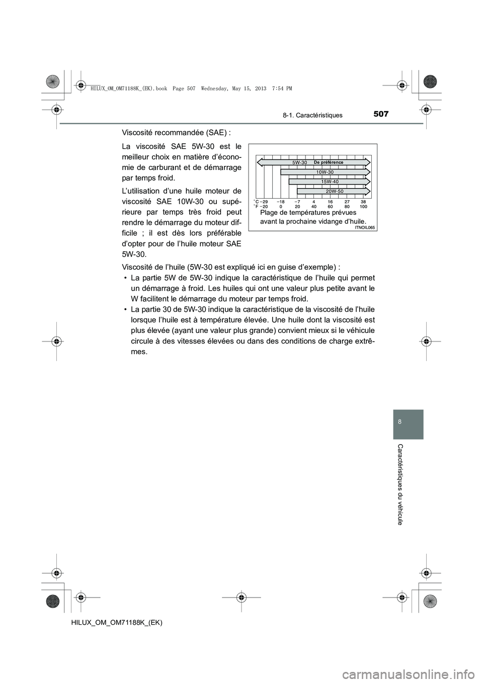 TOYOTA HILUX 2014  Notices Demploi (in French) 507
8
8-1. Caractéristiques
Caractéristiques du véhicule
HILUX_OM_OM71188K_(EK)
Viscosité recommandée (SAE) :
La viscosité SAE 5W-30 est le
meilleur choix en matière d’écono-
mie de carburan