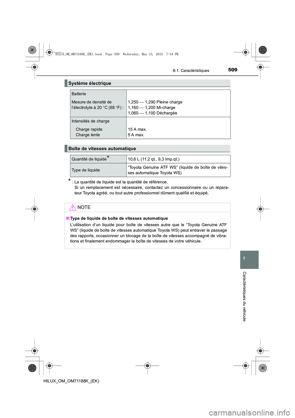TOYOTA HILUX 2014  Notices Demploi (in French) 509
8
8-1. Caractéristiques
Caractéristiques du véhicule
HILUX_OM_OM71188K_(EK)
* : La quantité de liquide est la quantité de référence. Si un remplacement est nécessaire, contactez un concess