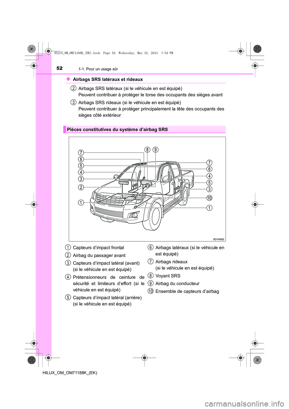 TOYOTA HILUX 2014 Notices Demploi (in French) 521-1. Pour un usage sûr
HILUX_OM_OM71188K_(EK)
◆Airbags SRS latéraux et rideauxAirbags SRS latéraux (si le véhicule en est équipé)
Peuvent contribuer à protéger le torse des occupants des TOYOTA HILUX 2014 Notices Demploi (in French) 521-1. Pour un usage sûr
HILUX_OM_OM71188K_(EK)
◆Airbags SRS latéraux et rideauxAirbags SRS latéraux (si le véhicule en est équipé)
Peuvent contribuer à protéger le torse des occupants des