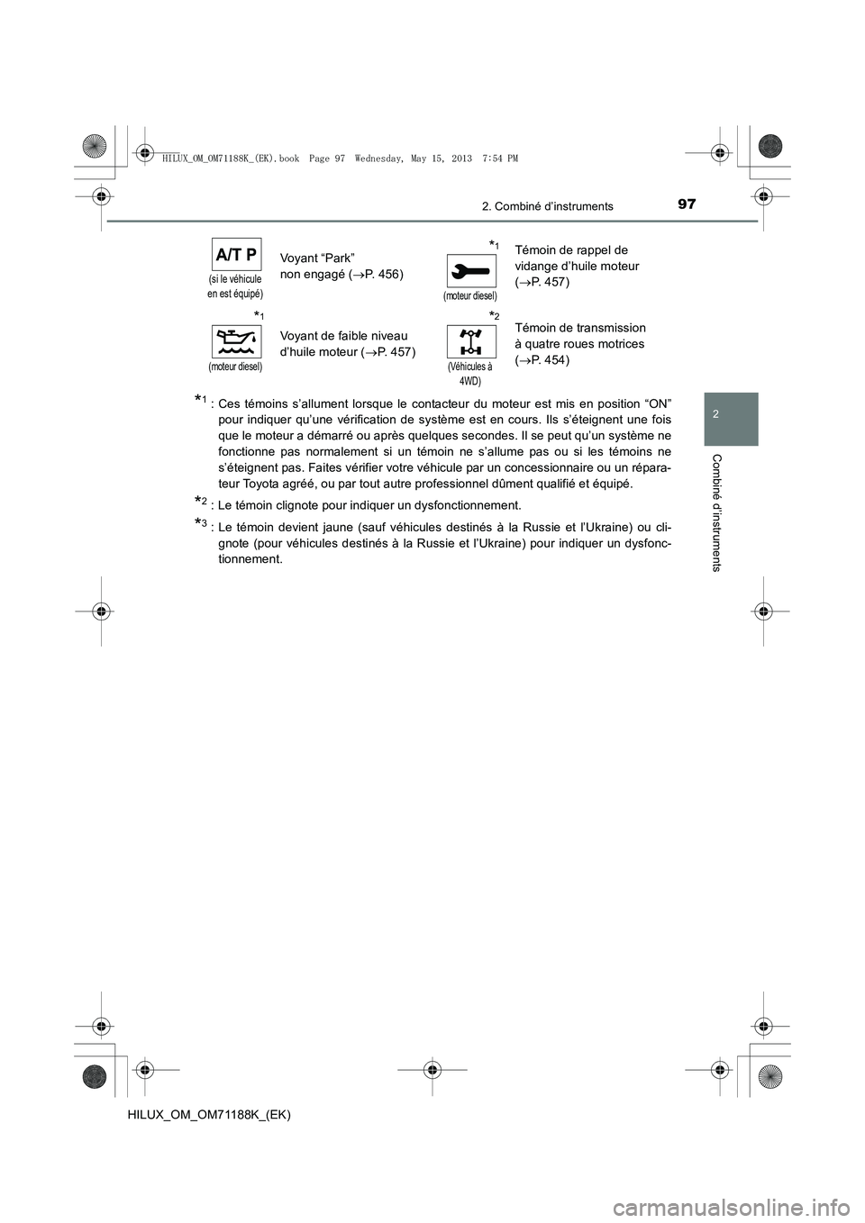 TOYOTA HILUX 2014  Notices Demploi (in French) 972. Combiné d’instruments
2
Combiné d’instruments
HILUX_OM_OM71188K_(EK)
*1 : Ces témoins s’allument lorsque le contacteur du moteur est mis en position “ON”pour indiquer qu’une vérif