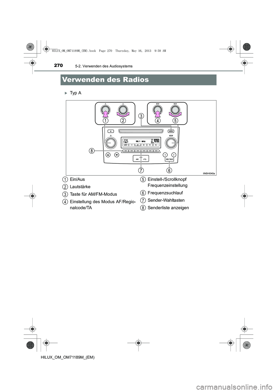 TOYOTA HILUX 2014  Betriebsanleitungen (in German) 2705-2. Verwenden des Audiosystems
HILUX_OM_OM71189M_(EM)
Verwenden des Radios
�XTy p  A
Ein/Aus
Lautstärke
Taste für AM/FM-Modus
Einstellung des Modus AF/Regio-
nalcode/TAEinstell-/Scrollknopf 
Fre