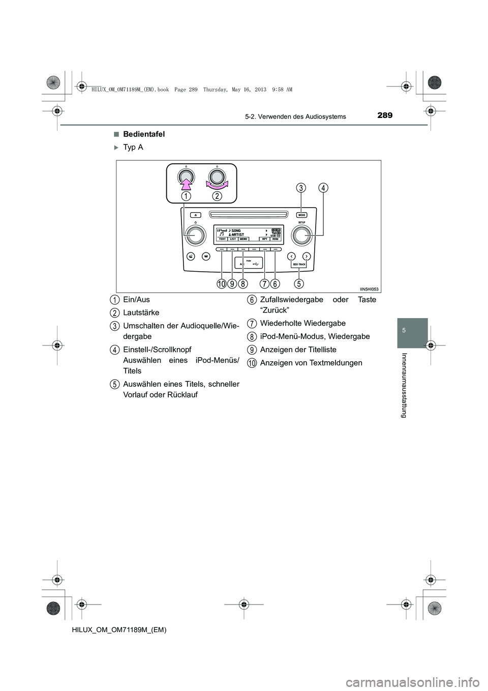 TOYOTA HILUX 2014  Betriebsanleitungen (in German) 2895-2. Verwenden des Audiosystems
5
Innenraumausstattung
HILUX_OM_OM71189M_(EM)■
Bedientafel
�XTy p  A
Ein/Aus
Lautstärke
Umschalten der Audioquelle/Wie-
dergabe
Einstell-/Scrollknopf 
Auswählen 