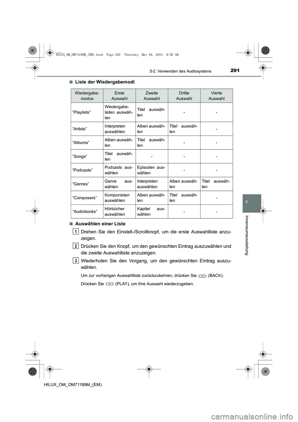 TOYOTA HILUX 2014 Betriebsanleitungen (in German) 2915-2. Verwenden des Audiosystems
5
Innenraumausstattung
HILUX_OM_OM71189M_(EM)■
Liste der Wiedergabemodi
■Auswählen einer Liste
Drehen Sie den Einstell-/Scrollknopf, um die erste Auswahlliste a TOYOTA HILUX 2014 Betriebsanleitungen (in German) 2915-2. Verwenden des Audiosystems
5
Innenraumausstattung
HILUX_OM_OM71189M_(EM)■
Liste der Wiedergabemodi
■Auswählen einer Liste
Drehen Sie den Einstell-/Scrollknopf, um die erste Auswahlliste a