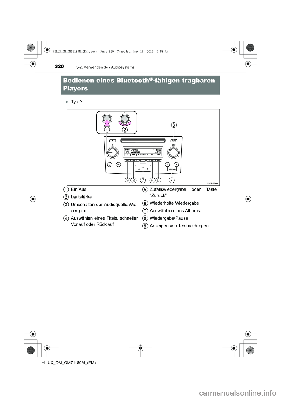 TOYOTA HILUX 2014  Betriebsanleitungen (in German) 3205-2. Verwenden des Audiosystems
HILUX_OM_OM71189M_(EM)
Bedienen eines Bluetooth®-fähigen tragbaren 
Players
�XTy p  A
Ein/Aus
Lautstärke
Umschalten der Audioquelle/Wie-
dergabe
Auswählen eines 