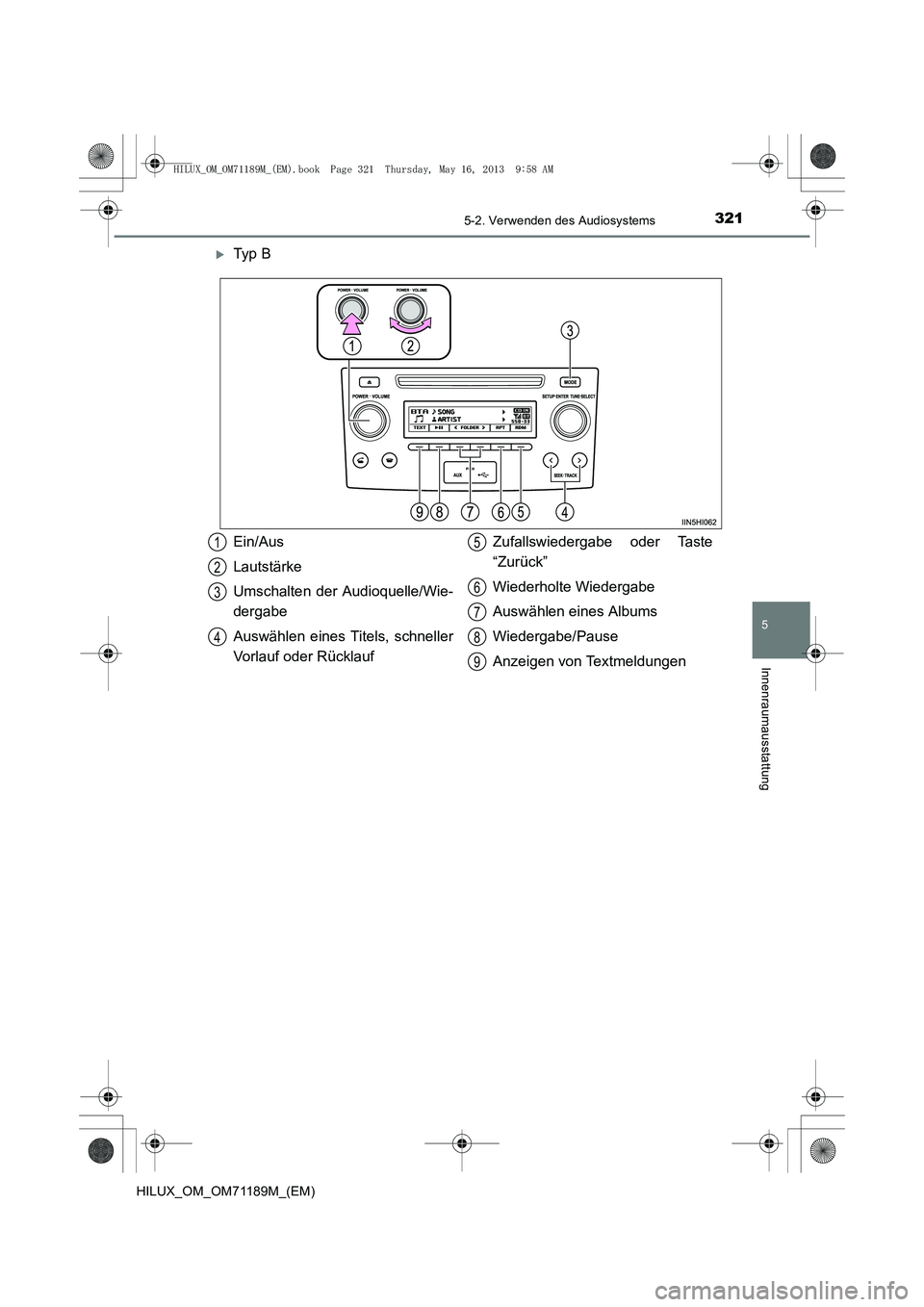 TOYOTA HILUX 2014  Betriebsanleitungen (in German) 3215-2. Verwenden des Audiosystems
5
Innenraumausstattung
HILUX_OM_OM71189M_(EM)
�XTy p  B
Ein/Aus
Lautstärke
Umschalten der Audioquelle/Wie-
dergabe
Auswählen eines Titels, schneller
Vorlauf oder R