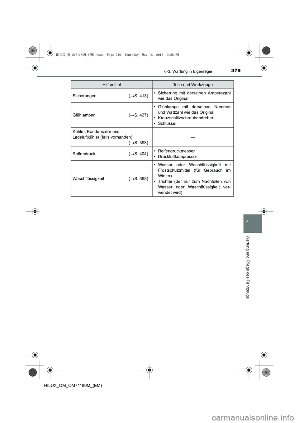 TOYOTA HILUX 2014 Betriebsanleitungen (in German) 3796-3. Wartung in Eigenregie
6
Wartung und Pflege des Fahrzeugs
HILUX_OM_OM71189M_(EM)
Sicherungen (→S. 413)• Sicherung mit derselben Amperezahl
wie das Original
Glühlampen ( →S. 427)
• Glü TOYOTA HILUX 2014 Betriebsanleitungen (in German) 3796-3. Wartung in Eigenregie
6
Wartung und Pflege des Fahrzeugs
HILUX_OM_OM71189M_(EM)
Sicherungen (→S. 413)• Sicherung mit derselben Amperezahl
wie das Original
Glühlampen ( →S. 427)
• Glü