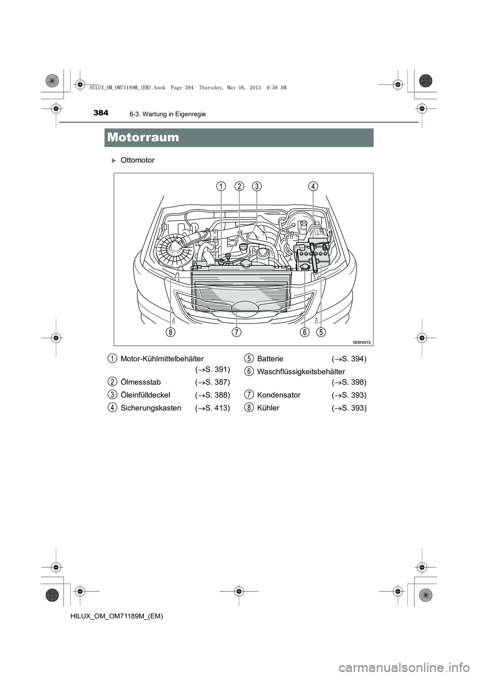 TOYOTA HILUX 2014  Betriebsanleitungen (in German) 3846-3. Wartung in Eigenregie
HILUX_OM_OM71189M_(EM)
Motorraum
�XOttomotor
Motor-Kühlmittelbehälter (→ S. 391)
Ölmessstab  ( →S. 387)
Öleinfülldeckel ( →S. 388)
Sicherungskasten ( →S. 413