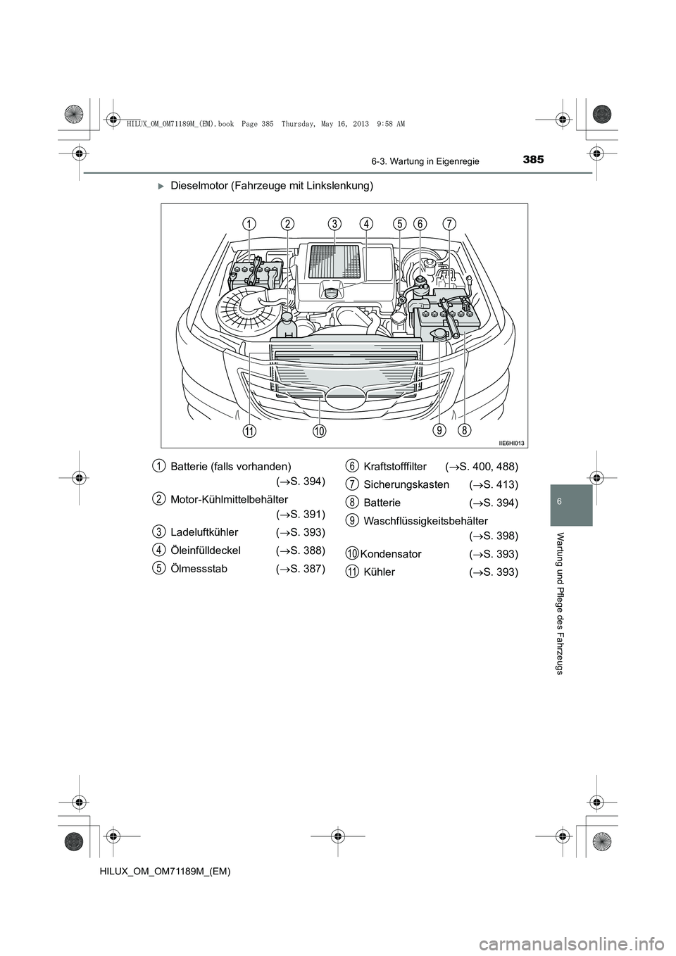 TOYOTA HILUX 2014  Betriebsanleitungen (in German) 3856-3. Wartung in Eigenregie
6
Wartung und Pflege des Fahrzeugs
HILUX_OM_OM71189M_(EM)
�XDieselmotor (Fahrzeuge mit Linkslenkung)
Batterie (falls vorhanden)  (→ S. 394)
Motor-Kühlmittelbehälter  