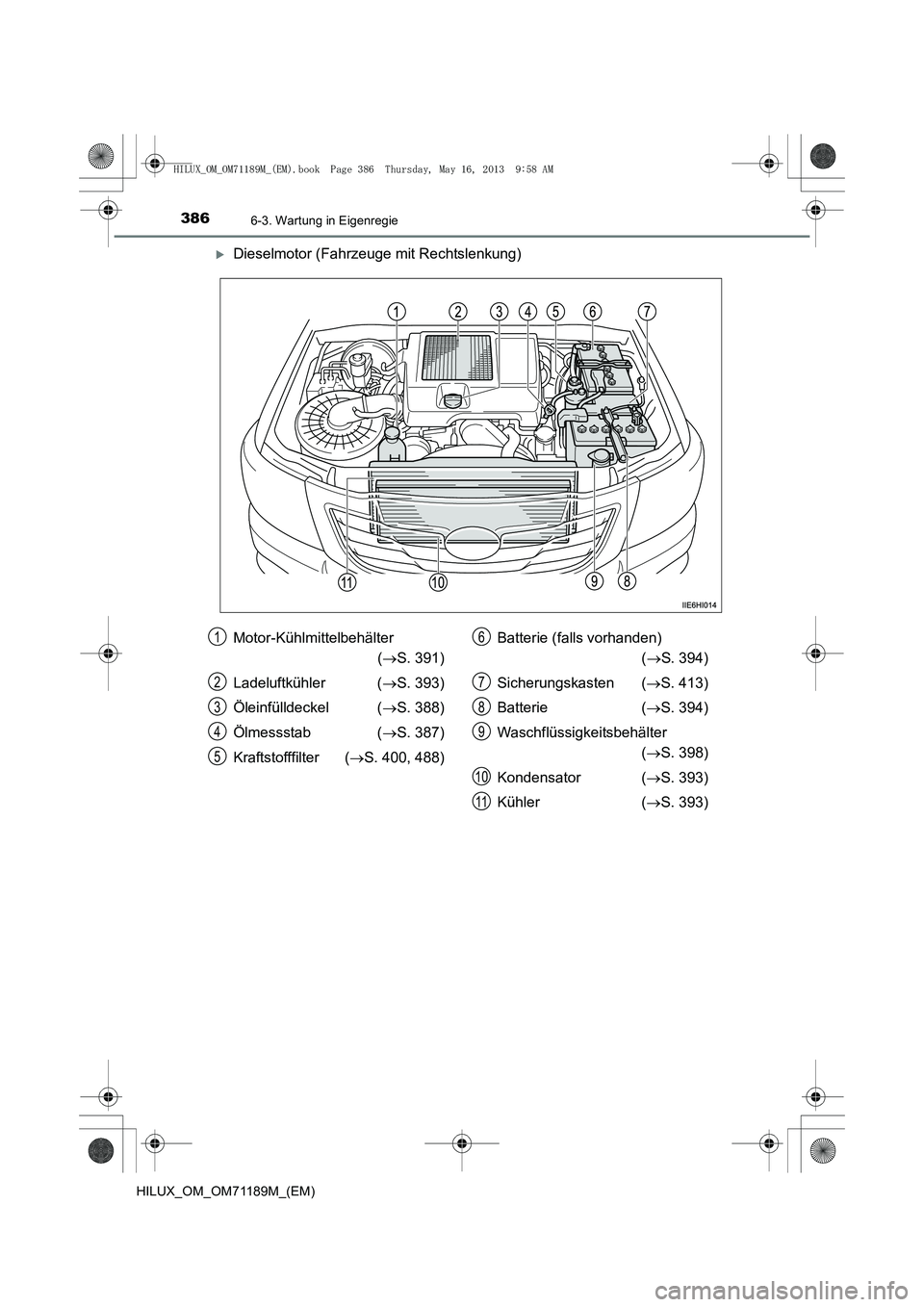 TOYOTA HILUX 2014  Betriebsanleitungen (in German) 3866-3. Wartung in Eigenregie
HILUX_OM_OM71189M_(EM)
�XDieselmotor (Fahrzeuge mit Rechtslenkung)
Motor-Kühlmittelbehälter (→ S. 391)
Ladeluftkühler ( →S. 393)
Öleinfülldeckel ( →S. 388)
Öl