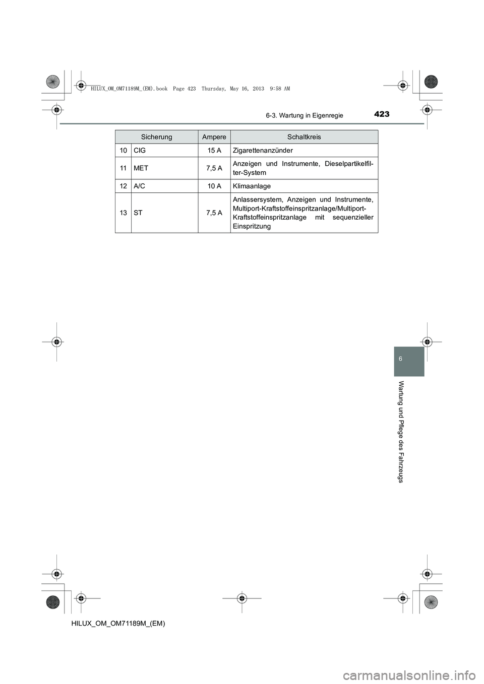 TOYOTA HILUX 2014  Betriebsanleitungen (in German) 4236-3. Wartung in Eigenregie
6
Wartung und Pflege des Fahrzeugs
HILUX_OM_OM71189M_(EM)
10CIG15 AZigarettenanzünder
11MET7,5 AAnzeigen und Instrumente, Dieselpartikelfil-
ter-System
12A/C10 AKlimaanl