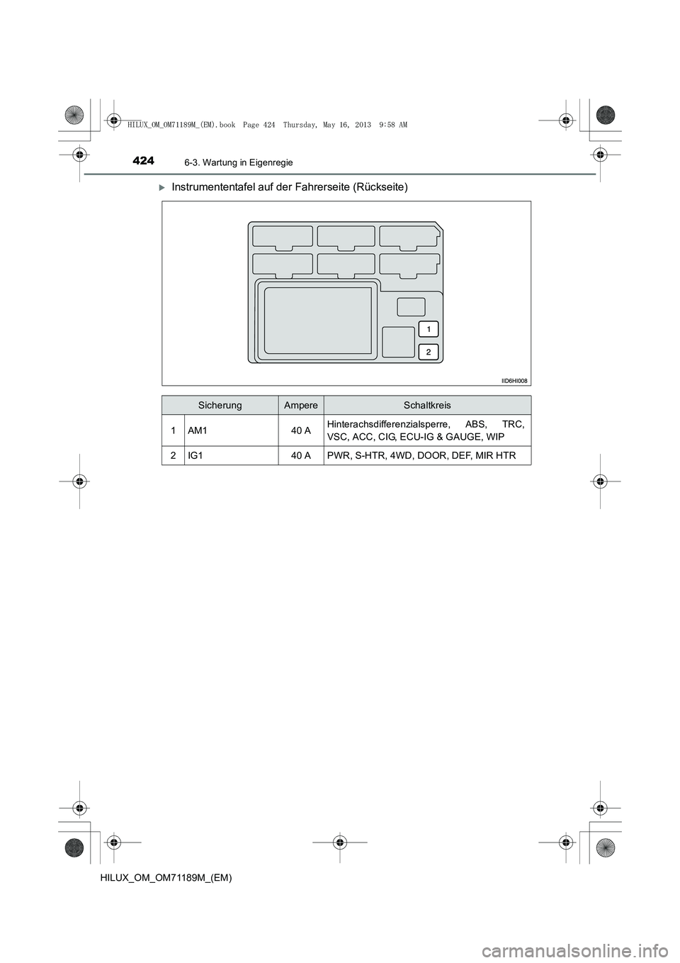 TOYOTA HILUX 2014  Betriebsanleitungen (in German) 4246-3. Wartung in Eigenregie
HILUX_OM_OM71189M_(EM)
�XInstrumententafel auf der Fahrerseite (Rückseite)
SicherungAmpereSchaltkreis
1AM140 AHinterachsdifferenzialsperre, ABS, TRC,
VSC, ACC, CIG, ECU-