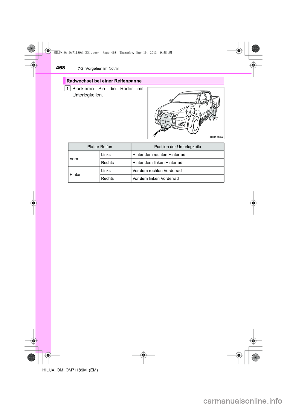 TOYOTA HILUX 2014  Betriebsanleitungen (in German) 4687-2. Vorgehen im Notfall
HILUX_OM_OM71189M_(EM)
Blockieren Sie die Räder mit
Unterlegkeilen.
Radwechsel bei einer Reifenpanne
1
Platter ReifenPosition der Unterlegkeile
VornLinksHinter dem rechten