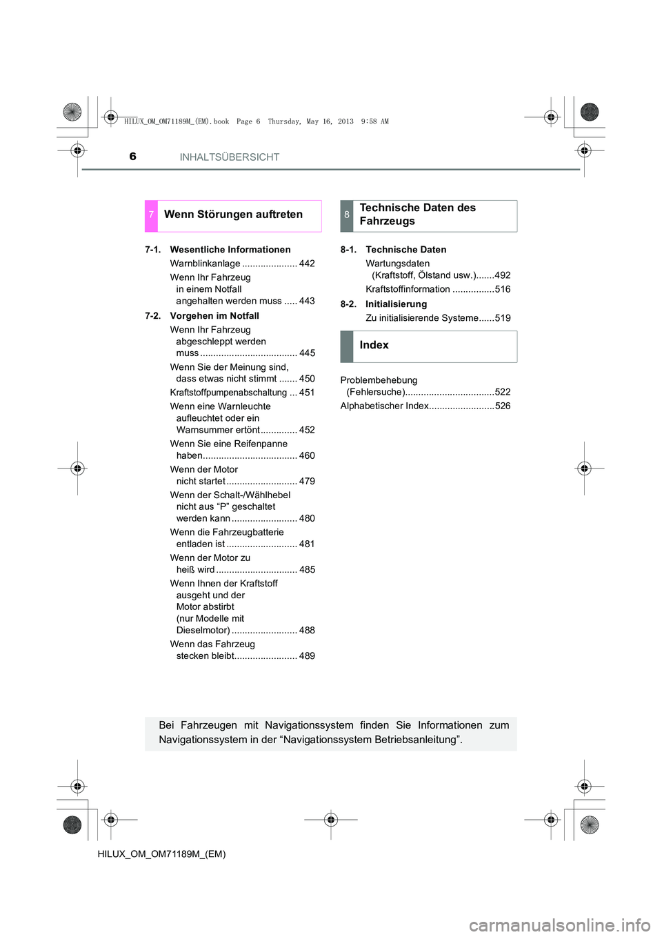 TOYOTA HILUX 2014 Betriebsanleitungen (in German) INHALTSÜBERSICHT6
HILUX_OM_OM71189M_(EM)7-1. Wesentliche Informationen
Warnblinkanlage ..................... 442
Wenn Ihr Fahrzeug in einem Notfall
angehalten werden muss ..... 443
7-2. Vorgehen im TOYOTA HILUX 2014 Betriebsanleitungen (in German) INHALTSÜBERSICHT6
HILUX_OM_OM71189M_(EM)7-1. Wesentliche Informationen
Warnblinkanlage ..................... 442
Wenn Ihr Fahrzeug in einem Notfall
angehalten werden muss ..... 443
7-2. Vorgehen im
