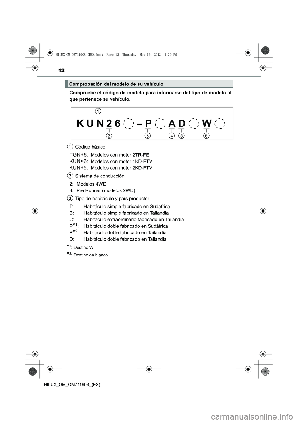 TOYOTA HILUX 2014  Manuale de Empleo (in Spanish) 12
HILUX_OM_OM71190S_(ES)
Compruebe el código de modelo para informarse del tipo de modelo al
que pertenece su vehículo.Código básico
TGN∗6:Modelos con motor 2TR-FE 
KUN∗6:Modelos con motor 1K