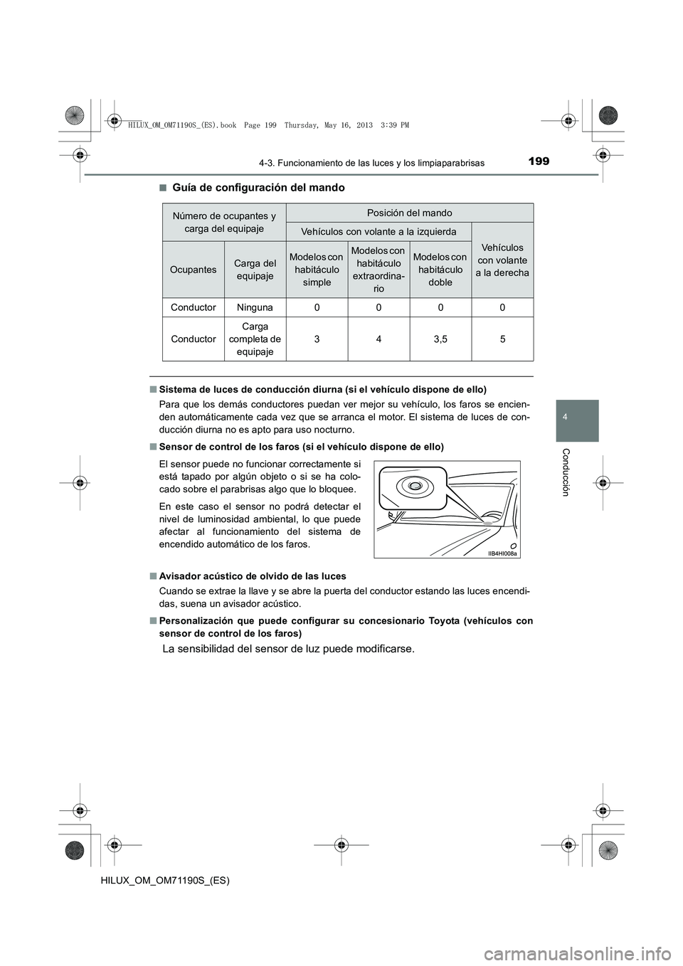 TOYOTA HILUX 2014  Manuale de Empleo (in Spanish) 1994-3. Funcionamiento de las luces y los limpiaparabrisas
4
Conducción
HILUX_OM_OM71190S_(ES)■
Guía de configuración del mando
■
Sistema de luces de conducción diurna (si el vehículo dispone