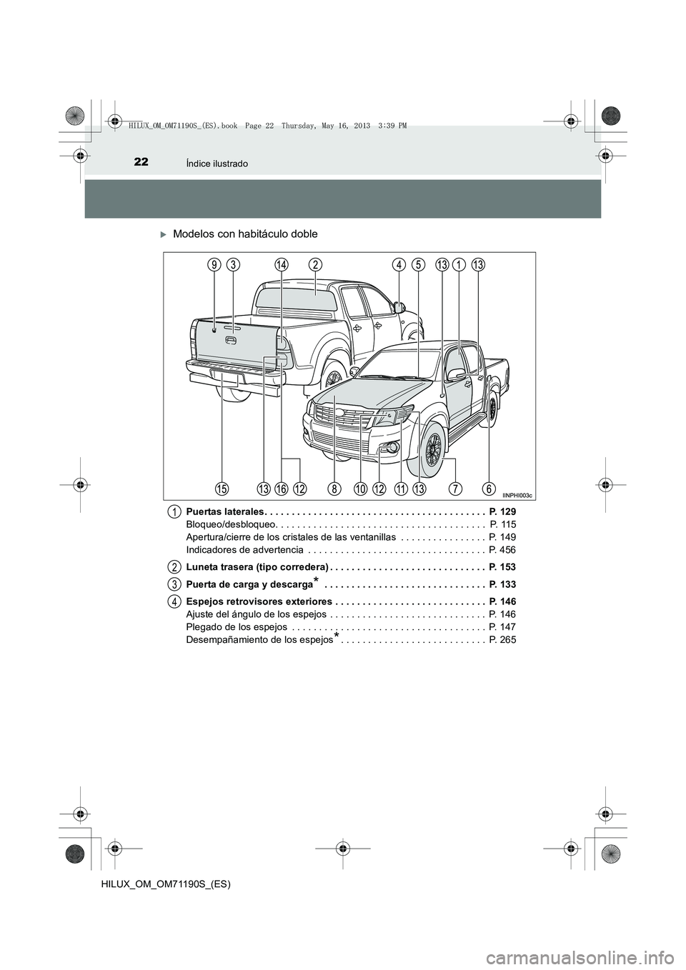 TOYOTA HILUX 2014  Manuale de Empleo (in Spanish) 22Índice ilustrado
HILUX_OM_OM71190S_(ES)
�XModelos con habitáculo doble
Puertas laterales. . . . . . . . . . . . . . . . . . . . . . . . . . . . . . . . . . . . . . . . .  P. 129
Bloqueo/desbloqueo