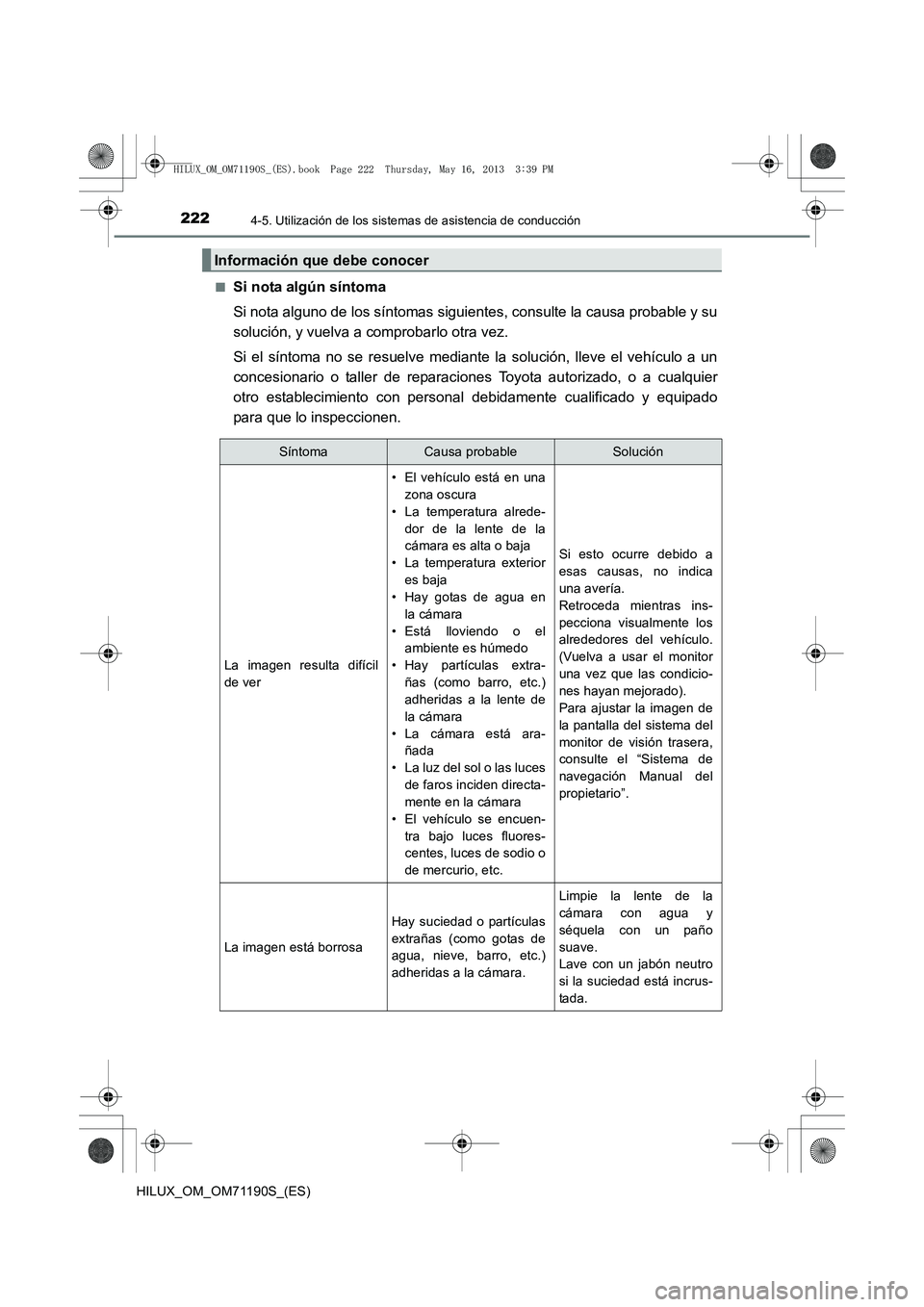 TOYOTA HILUX 2014 Manuale de Empleo (in Spanish) 2224-5. Utilización de los sistemas de asistencia de conducción
HILUX_OM_OM71190S_(ES)■
Si nota algún síntoma
Si nota alguno de los síntomas siguientes, consulte la causa probable y su
solució TOYOTA HILUX 2014 Manuale de Empleo (in Spanish) 2224-5. Utilización de los sistemas de asistencia de conducción
HILUX_OM_OM71190S_(ES)■
Si nota algún síntoma
Si nota alguno de los síntomas siguientes, consulte la causa probable y su
solució