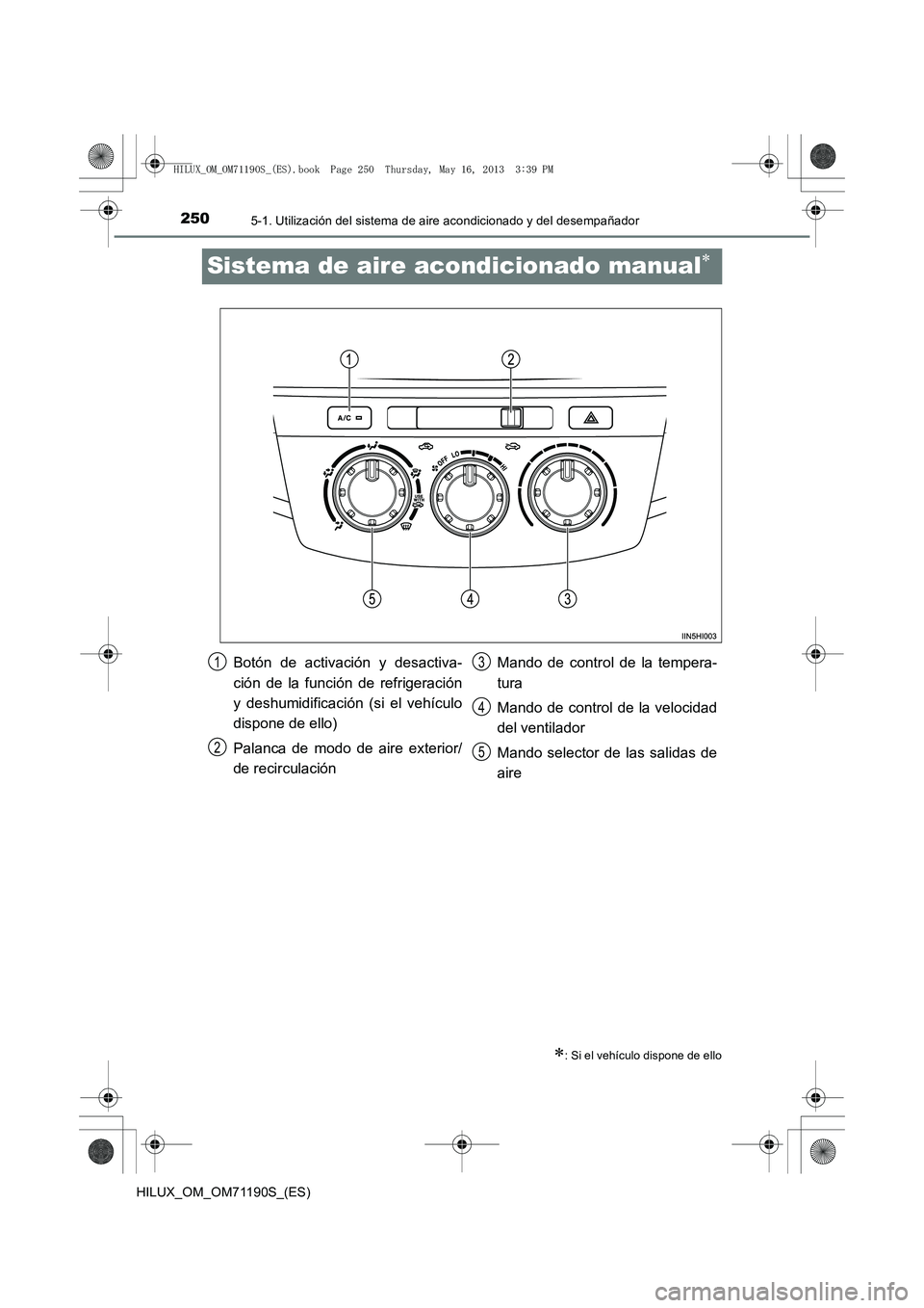 TOYOTA HILUX 2014 Manuale de Empleo (in Spanish) 2505-1. Utilización del sistema de aire acondicionado y del desempañador
HILUX_OM_OM71190S_(ES)
Sistema de aire acondicionado manual∗
∗: Si el vehículo dispone de ello
Botón de activación y d TOYOTA HILUX 2014 Manuale de Empleo (in Spanish) 2505-1. Utilización del sistema de aire acondicionado y del desempañador
HILUX_OM_OM71190S_(ES)
Sistema de aire acondicionado manual∗
∗: Si el vehículo dispone de ello
Botón de activación y d
