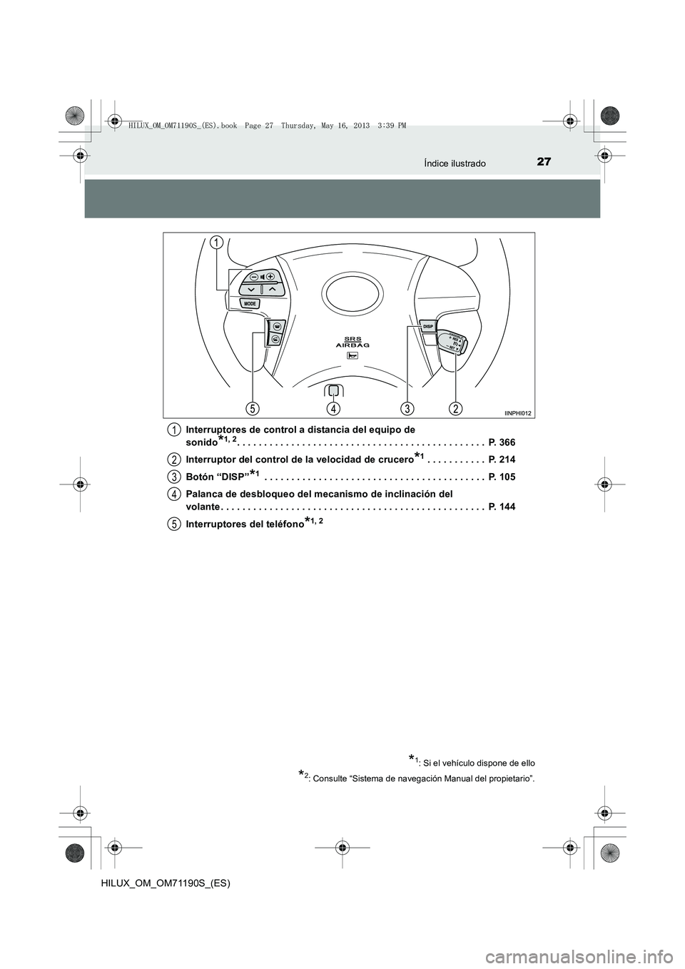 TOYOTA HILUX 2014  Manuale de Empleo (in Spanish) 27Índice ilustrado
HILUX_OM_OM71190S_(ES)Interruptores de control a distancia del equipo de 
sonido
*1, 2. . . . . . . . . . . . . . . . . . . . . . . . . . . . . . . . . . . . . . . . . . . . . .  P
