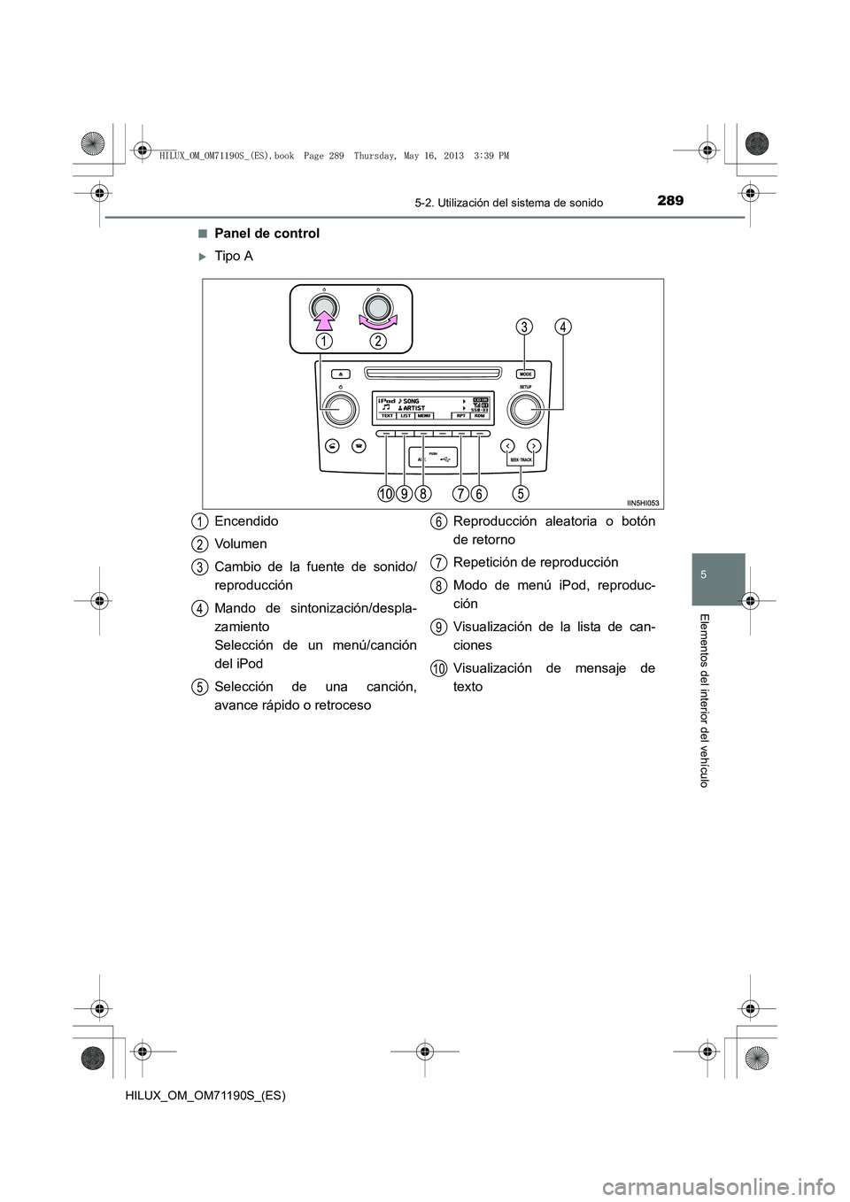 TOYOTA HILUX 2014  Manuale de Empleo (in Spanish) 2895-2. Utilización del sistema de sonido
5
Elementos del interior del vehículo
HILUX_OM_OM71190S_(ES)■
Panel de control
�XTipo A
Encendido
Volumen
Cambio de la fuente de sonido/
reproducción
Man