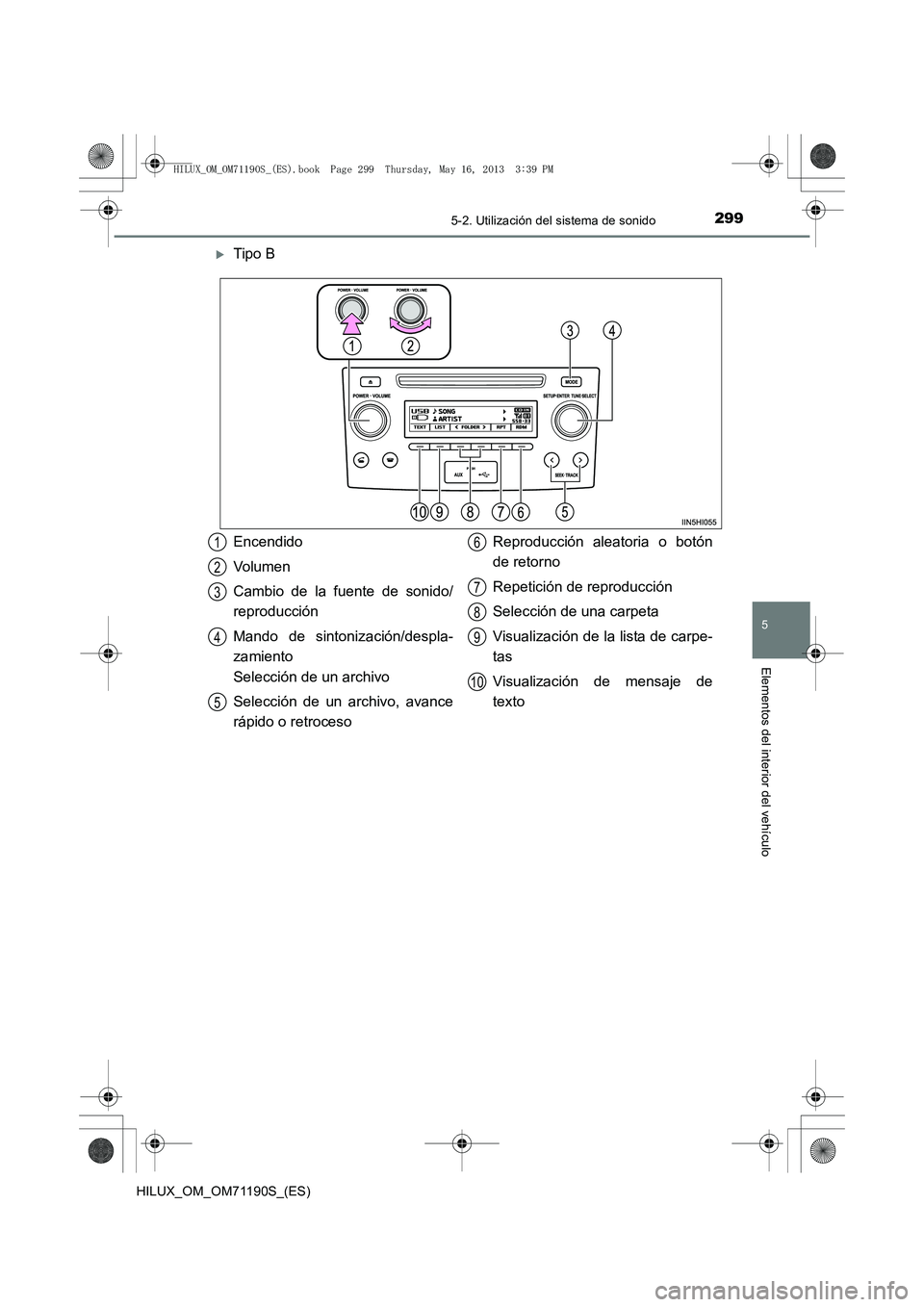 TOYOTA HILUX 2014  Manuale de Empleo (in Spanish) 2995-2. Utilización del sistema de sonido
5
Elementos del interior del vehículo
HILUX_OM_OM71190S_(ES)
�XTipo B
Encendido
Volumen
Cambio de la fuente de sonido/
reproducción
Mando de sintonización