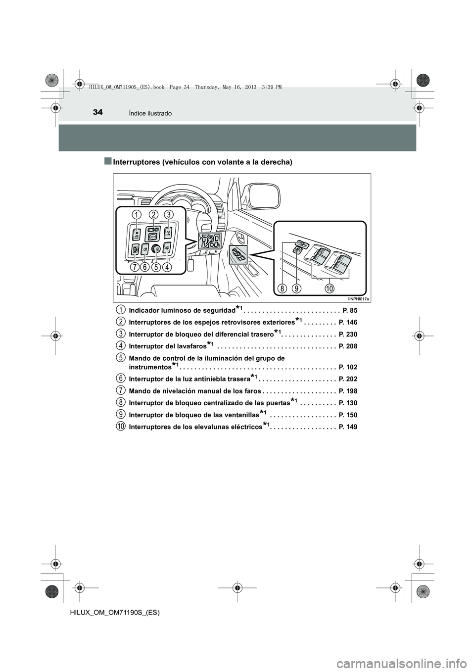 TOYOTA HILUX 2014  Manuale de Empleo (in Spanish) 34Índice ilustrado
HILUX_OM_OM71190S_(ES)
■Interruptores (vehículos con volante a la derecha)
Indicador luminoso de seguridad*1. . . . . . . . . . . . . . . . . . . . . . . . . .  P. 85
Interrupto
