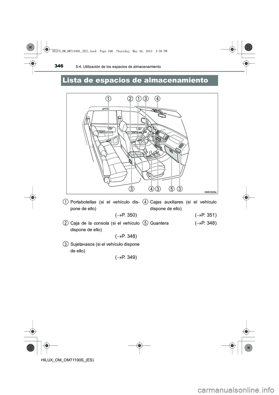 TOYOTA HILUX 2014 Manuale de Empleo (in Spanish) 3465-4. Utilización de los espacios de almacenamiento
HILUX_OM_OM71190S_(ES)
Lista de espacios de almacenamiento
Portabotellas (si el vehículo dis-
pone de ello)
(→ P. 350)
Caja de la consola (si TOYOTA HILUX 2014 Manuale de Empleo (in Spanish) 3465-4. Utilización de los espacios de almacenamiento
HILUX_OM_OM71190S_(ES)
Lista de espacios de almacenamiento
Portabotellas (si el vehículo dis-
pone de ello)
(→ P. 350)
Caja de la consola (si