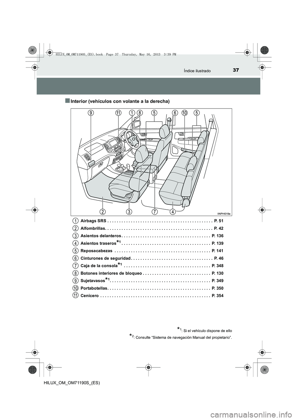TOYOTA HILUX 2014  Manuale de Empleo (in Spanish) 37Índice ilustrado
HILUX_OM_OM71190S_(ES)
■Interior (vehículos con volante a la derecha)
Airbags SRS . . . . . . . . . . . . . . . . . . . . . . . . . . . . . . . . . . . . . . . . . . . . .  P. 5